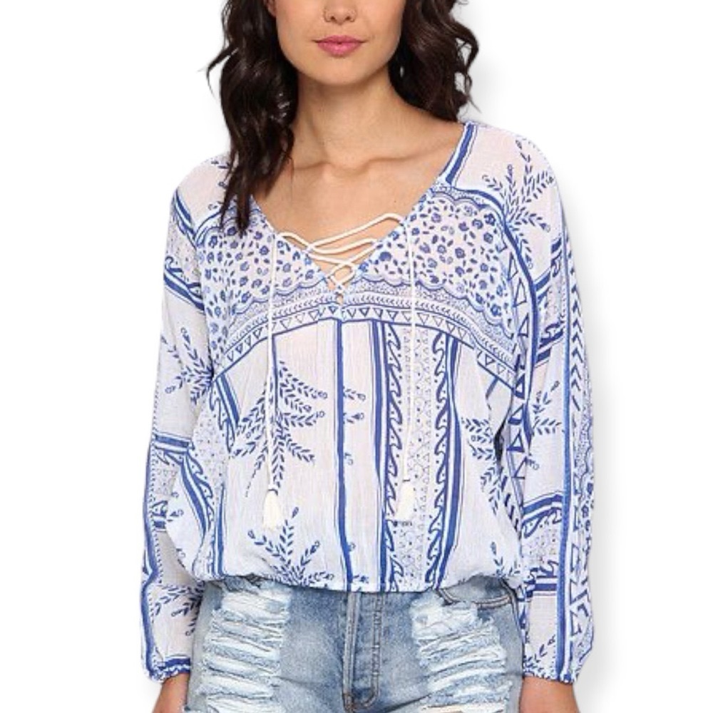 FREE PEOPLE Elastic Waist Tunic Blue & White Medallion Print